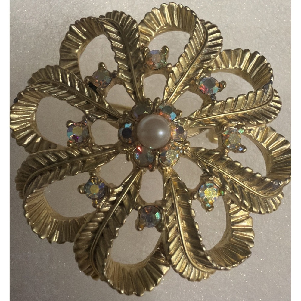 Vintage Gold Tone Aurora Borealis Faux Pearl Leaf Feather Swirl Brooch Colorful